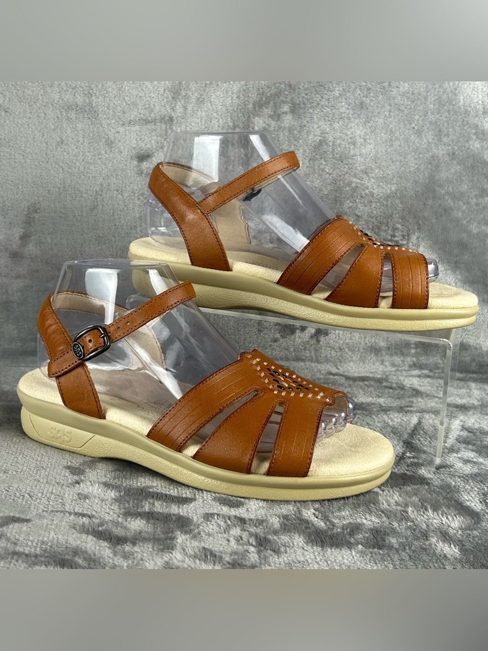 SAS Tripad‎ Comfort 7.5 WW Brown Leather Sandals Open Toe Diamond Weave Buckle